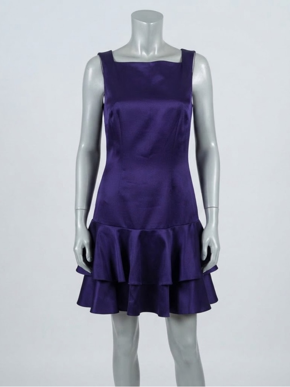 Karen Millen Purple Satin Mini Dress US 8 Low Back Tiered Ruffle Cocktail